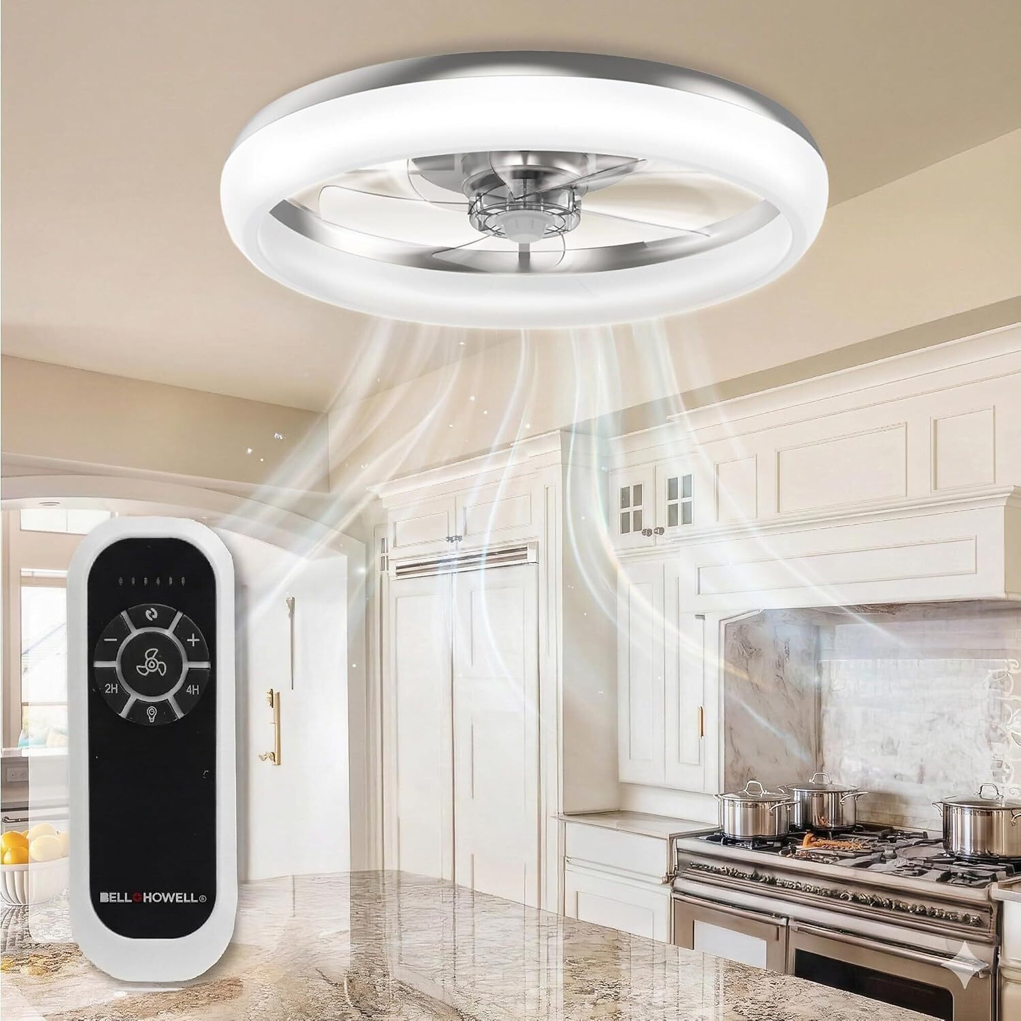Bell + Howell CannonX 14 in. Low Profile Fandelier Ceiling Fan with Light and Remote, 6 Speeds, 3 CCT 3500K-5500K, White, 6381